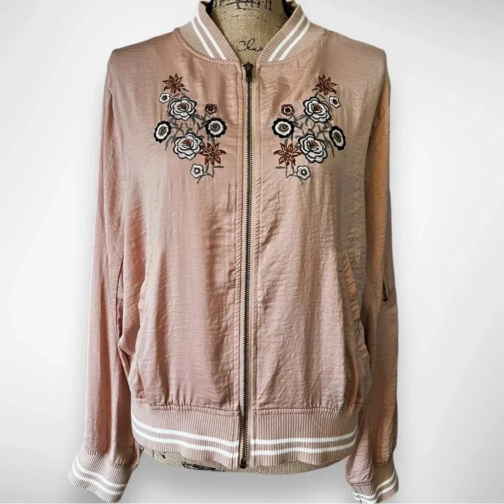 LIVING DOLL Pink Lightweight Bomber Jacket With Floral Embroidery | EUC